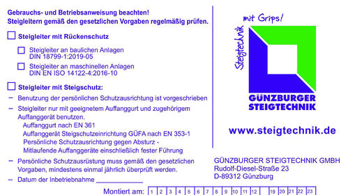 Kennzeichnungsschild für Günzburger Steigtechnik Einholmleitern und Steigschutzschienen